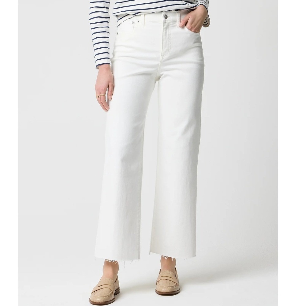 J.Crew Wide-Leg Crop Seashell White Jeans Raw Hem All Day Stretch Denim‎ Size 29